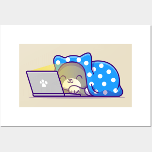 Cute Cat Watching Movie On Laptop With Blanket Posters and Art